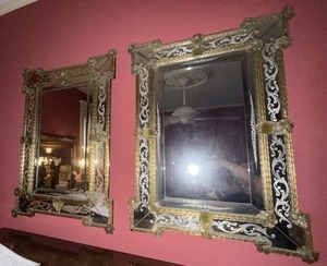 Pair of Venetian Style Eglomise Wall Mirrors Applied Glass Floral Trim