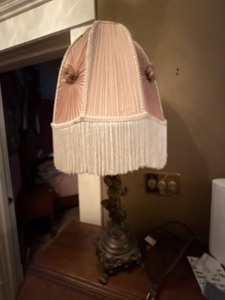 Vintage Figural Table Lamp Pink Pleated Fringe Shade Ornate Base 30in