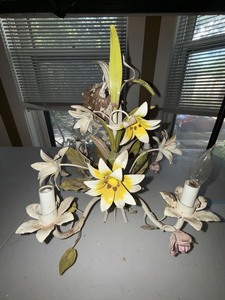 Vintage Floral Tole Metal 4-Light Chandelier Lily Motif Distressed