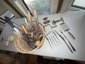 Vintage Kitchen Utensil Lot Wood Handle Knives Carving Tools Basket