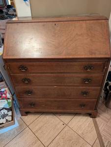 Antique Secretary Desk with Drop-Front, Interior Cubby & 6 Drawers