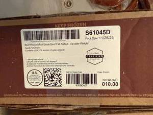 D. 10.00lbs Two Rivers Beef Ribeye Roll Steaks-Vaccum Sealed 3-4 Steaks Per Package-3-4 Packages per Case.