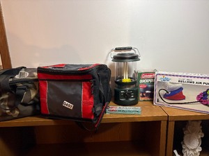 Camping lot lantern, cooler, air pumps