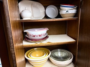 Contents include vintage Pyrex bowls
