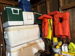 Boating lot coolers, nets, bouy markers, life jackets etc