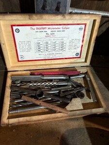 vintage Starrett No. 436 micrometer caliper wood storage case containing assorted machinist tools