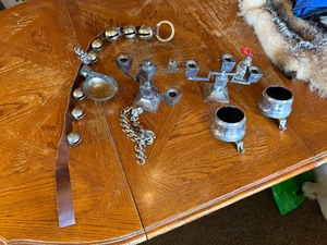 Sorted lot candlestick holders, decorative bells,