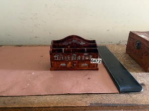 antique desk organizer or letter rack featuring intricate mother-of-pearl inlay