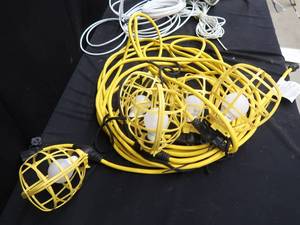INDUSTRIAL HANGING LIGHTS, 3 SURGE PROTECTORS AND WIRES