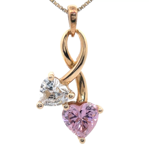 Pink Ice & White Cubic Zirconia Toi et Moi Heart Infinity Symbol Pendant in 14k Yellow Gold VIDEO