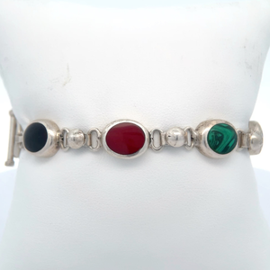 Made in Mexico Natural Carnelian, Onyx & Malachite Bezel Link Bracelet VIDEO