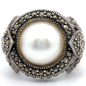 Vintage Style White Culture Mabe Pearl & Garnet Marcasite Flower Ring VIDEO
