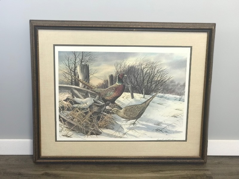 Framed, Signed, Numbered Print by Grant Gilderhus - Pheasants on Old Wagon Wheel - 373600