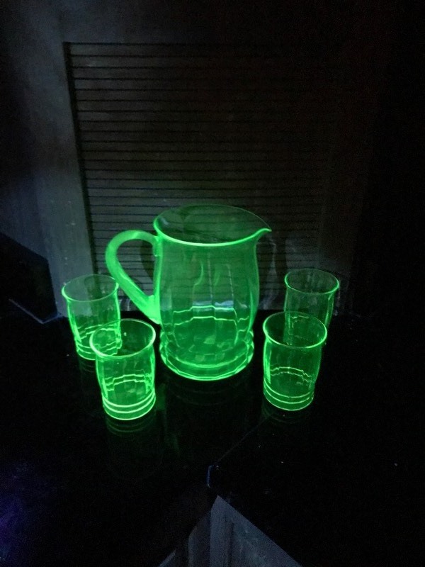 Vintage Uranium Glass - 4 Glasses & 1 Pitcher
