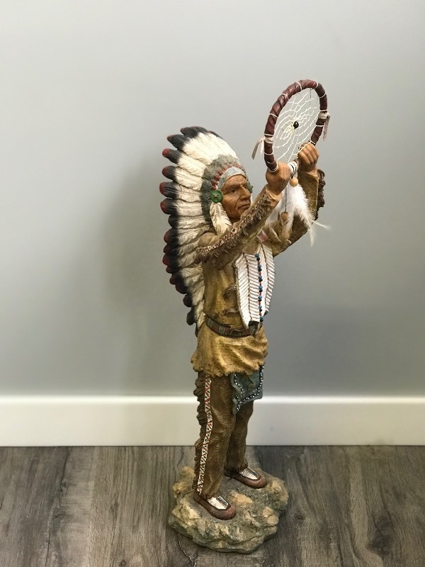 Native American Chief Statue Holding Dream Catcher