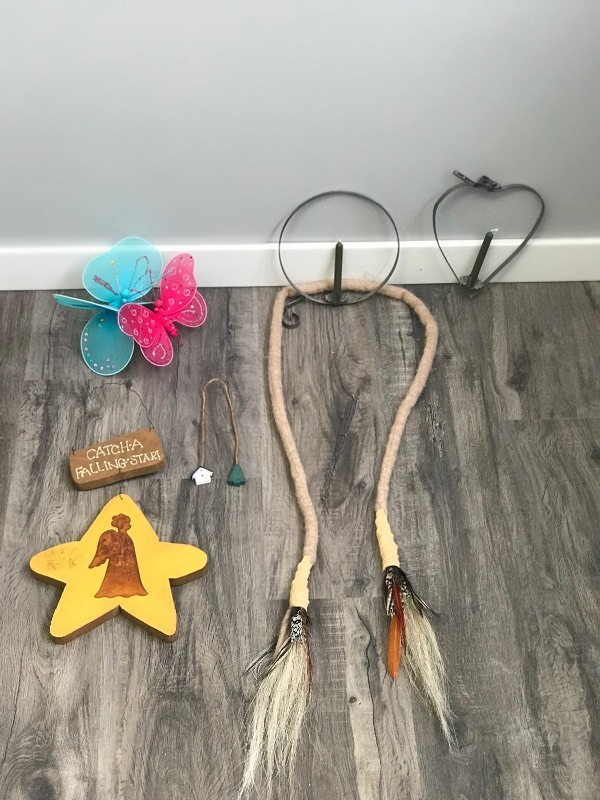 Lot of Home Decor - Wooden Hanging Sign (catcha falling star) - Hanging Butterflies - 2 Metal Hanging Candle Holders - Rope Type Thing with Leather, Feathers and Horse Hair on Each End