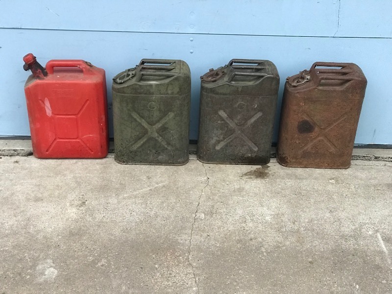 3 - Vintage U.S. Military Fuel Cans and 1 Plastic Jeep Fuel Can