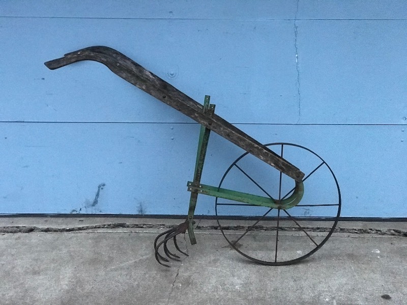 Vintage Push Plow, Single Wheel Garden Plow Cultivator