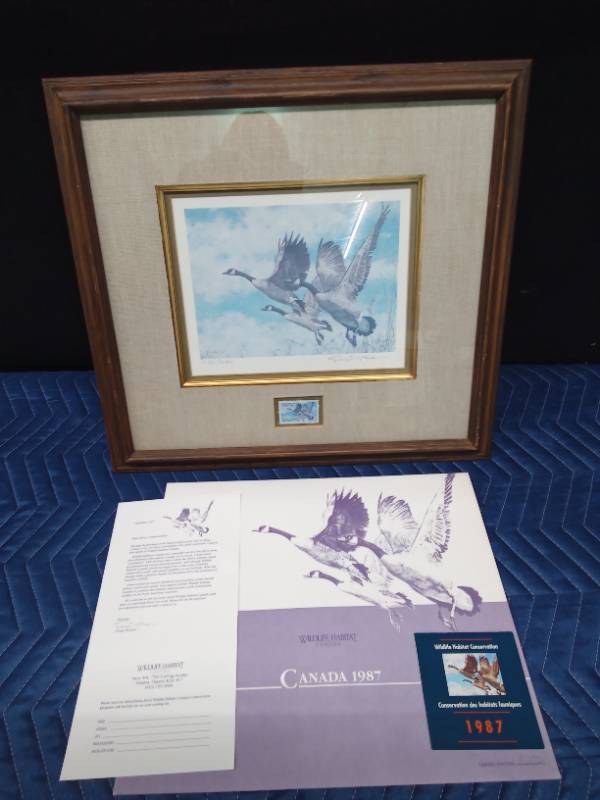 Framed, signed and numbered 1987 Wildlife Habitat print and stamp On the Wing-Canada Geese by George McLean with papers 11,10216,000
