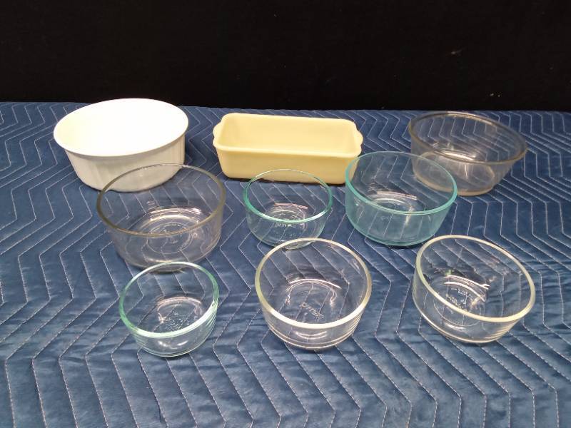 7 Blue tint and clear Pyrex bowls and more