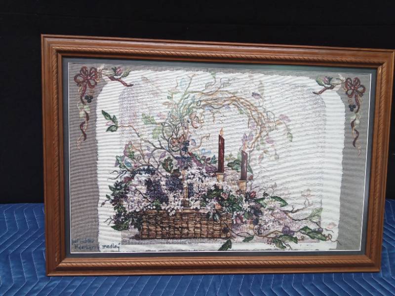 Finished framed cross stitch piece titled Elderberry Medley designed by Paula Vaughan-finished by Pat Richter
