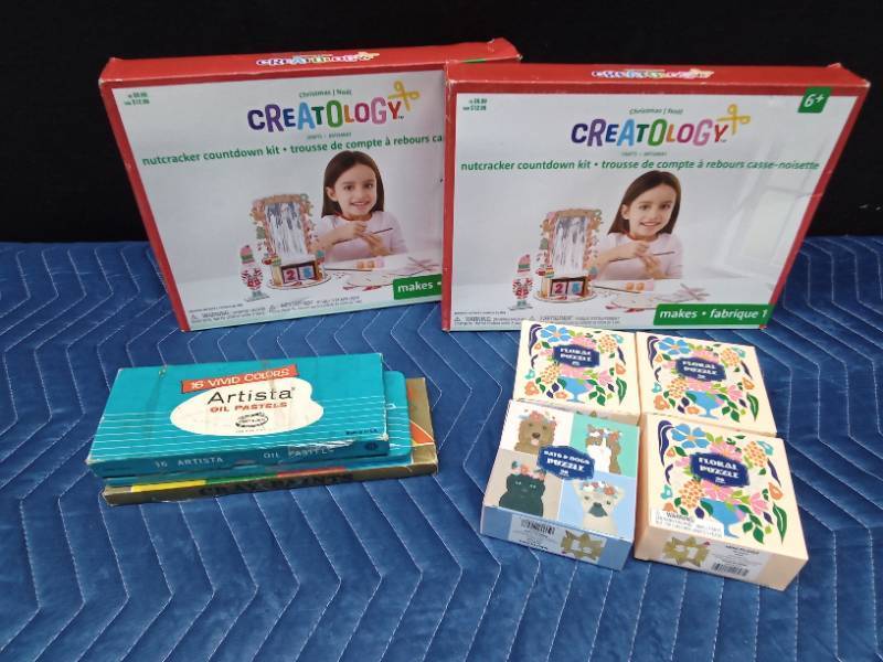 Oil pastels, watercolor paints, Cray paints, 4 puzzles and 2 art kits