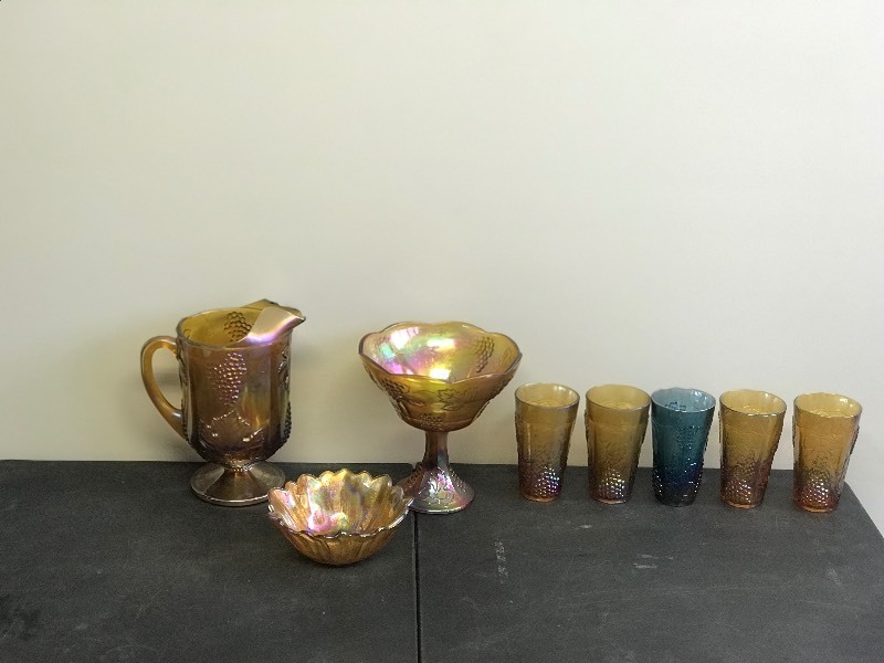 Lot of Collectible Carnival Glass - Pitcher - Glasses - Pedestal Fruit Bowl - Sunflower Bowl