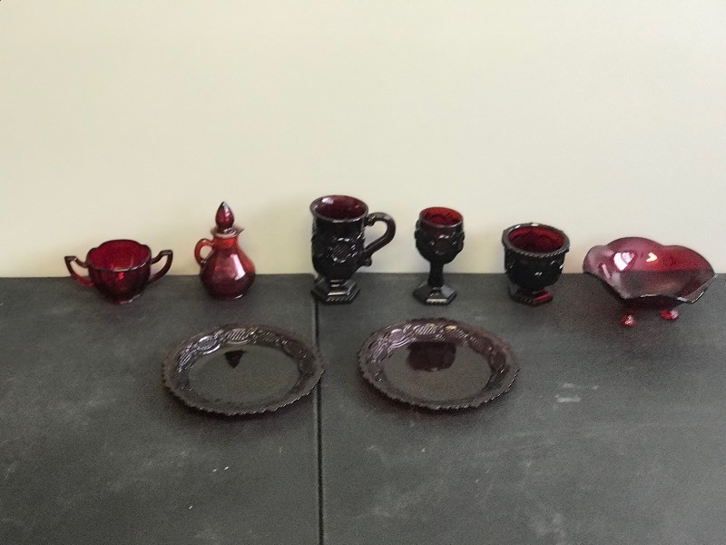 Lot of Collectible Ruby Red Glassware - Footed Bowl - Mugs - Plates - Sugar Bowl - Perfume Bottle