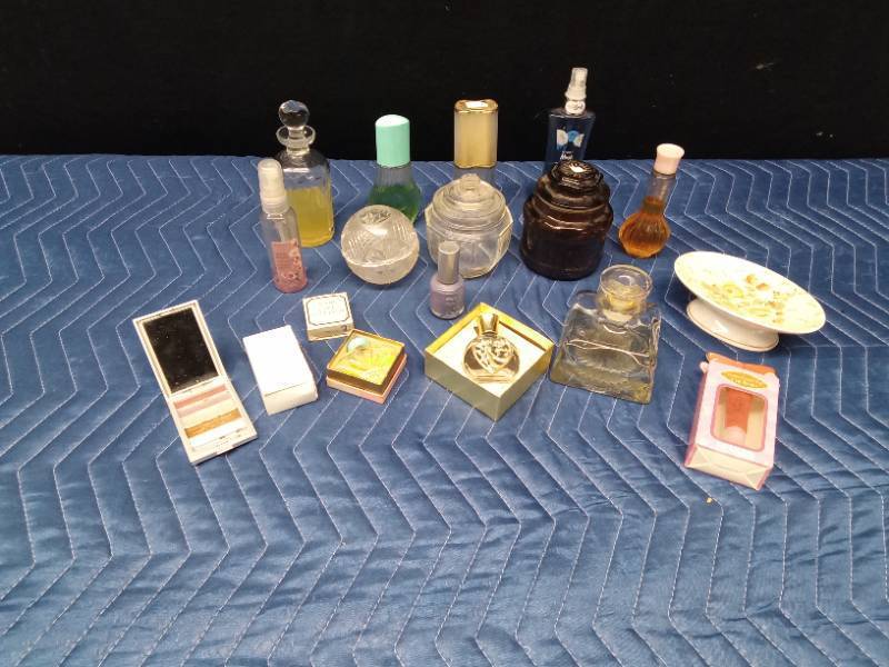 Vintage perfume bottles, jars, perfume, make-up and more