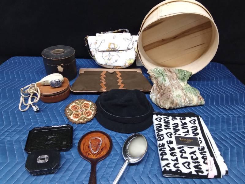2 Purses, wood hat box, vintage collar box, vintage electric razor, vintage horse hair brush, vintage mirror, vintage Coach hat, soap dish with brush, silk&amp new Juicy Couture scarfs and a doily