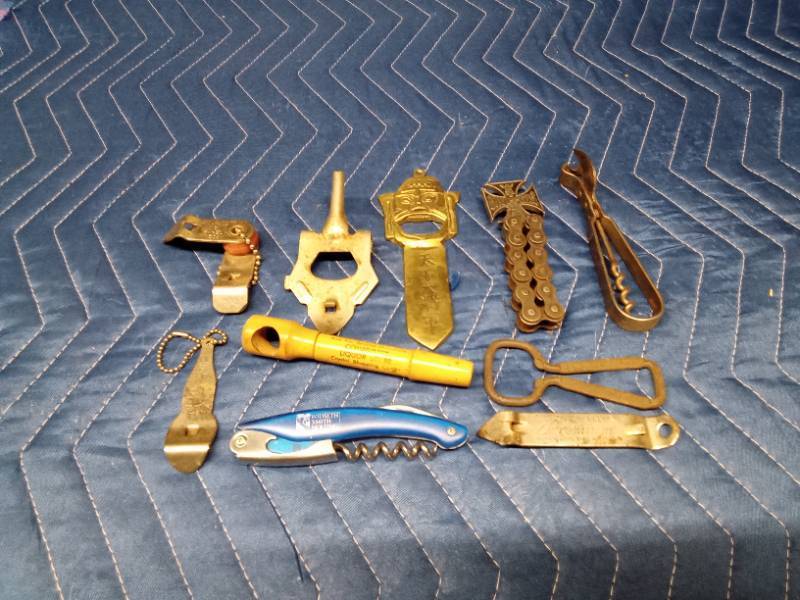 Vintage Advertised bottle openers and others including Grainbelt, Coca-Cola, Pepsi, M. A. Hanna CO., West Coast Choppers, Community Liquor Store, Widseth Smith Nolting