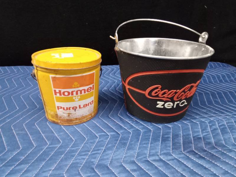 Hormel Pure Lard tin and a Coca-Cola ice bucket
