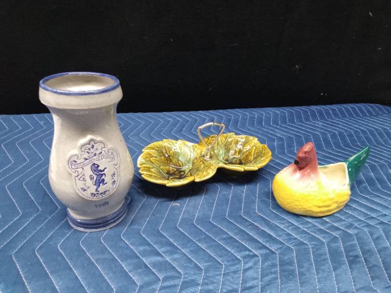 1991 Renaisance mug, relish dish, and a chicken planter