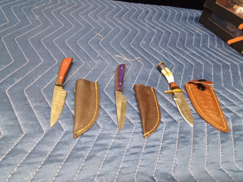 3 Handmade Damascus steel knives with Pakkawood handles and a stag antler handle knife. All with sheaths
