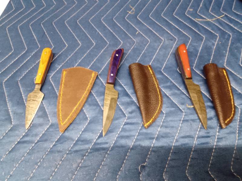 3 Handmade Damascus steel knives with Pakka wood handles and sheaths