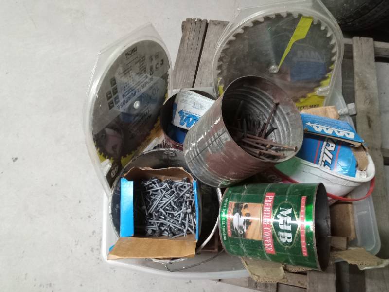 Tote of nails, new saw blades, screws and more