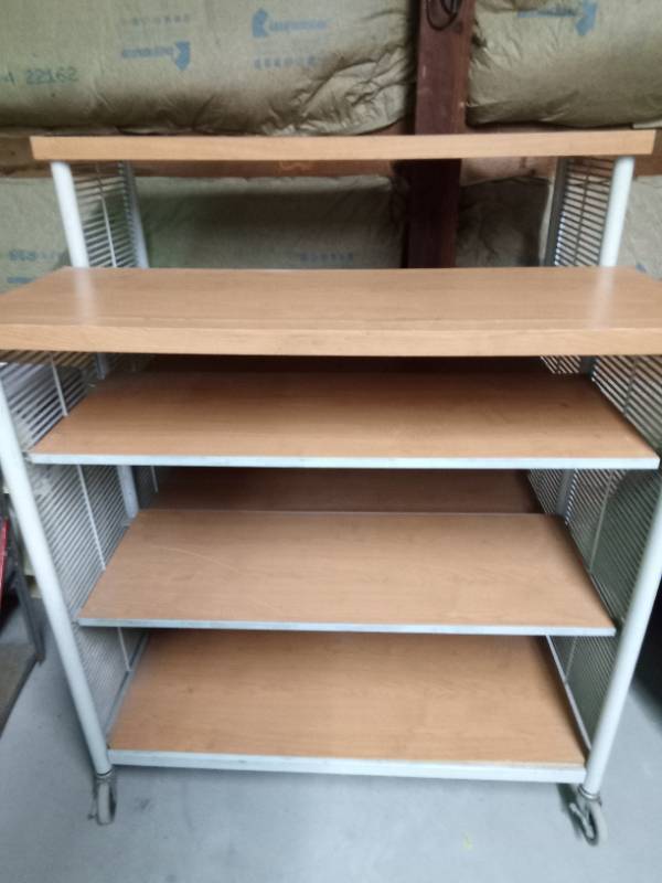 Heavy duty double sided shelf on wheels with metal frame and wood shelves