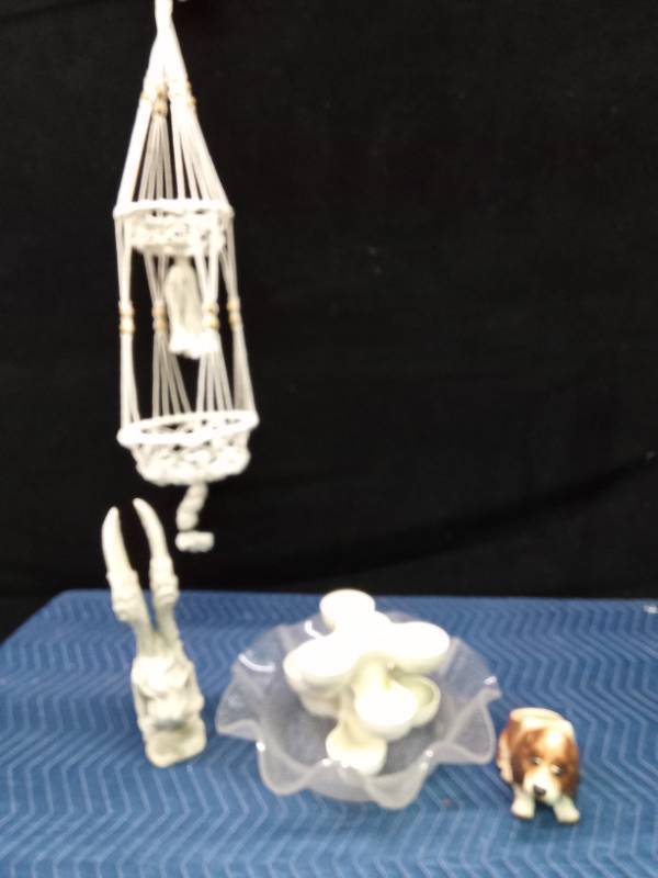 Angel garden statue, dog planter, sprout planter, bowl and plant hanger