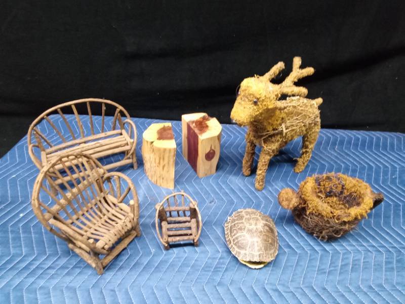 Mossvine deer & watering can, vinetwig doll furniture. turtle shell and wood book ends