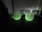Uranium Glass Crystal Open Sugar Bowl Double Handle Saw Tooth Edge Star Pattern with Creamer