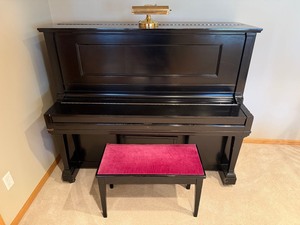 Black Upright Piano with Pink Upholstered Bench - Two Pedals