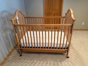 Natural Oak Baby Crib with Slatted Sides, Casters, Mattress Included