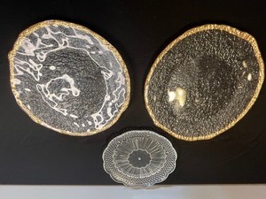 Decorative Glass Trays Set of 3 - 2 Textured Plates with Gold Rim & 1 Clear Dotted Plate