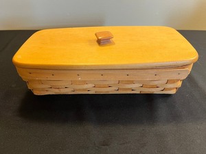Longaberger Bread Basket with Floral Liner & Woodcraft Lids - Handwoven in Dresden, Ohio