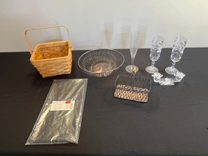 Crystal Glassware Set 2 Champagne Flutes, Crystal Candle Stands, Wire Basket, Picnic Basket & Table Cover