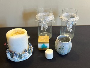 Snow Village Pillar Candle With Beaded Glass Hurricanes - Holiday Decor Set