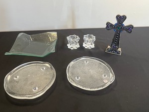 Decorative Cross Crucifix with Colored Gems, Glass Coasters & Candle Holders Set