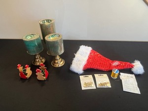Sequined Santa Hat, 3 Teal Candle Holders, LaMode 9 Buttons Star Shapes (2 Packs)
