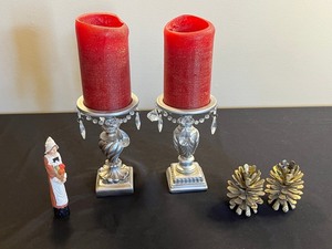 Pair of Ornate Crystal Candle Holders with Red Tapers, Gold Pinecones & Pilgrim Figurine