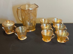 Amber Iridescent Jeannette Depression Glass Tea Set with Floral Engraving - Pitcher, Covered Sugar Bowl, Teacups